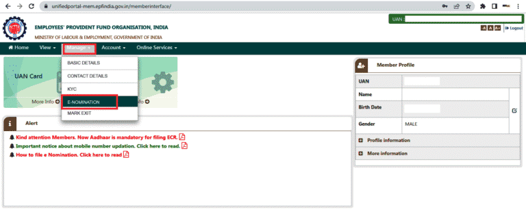 E-nomination facility by EPFO on Unified Member Portal