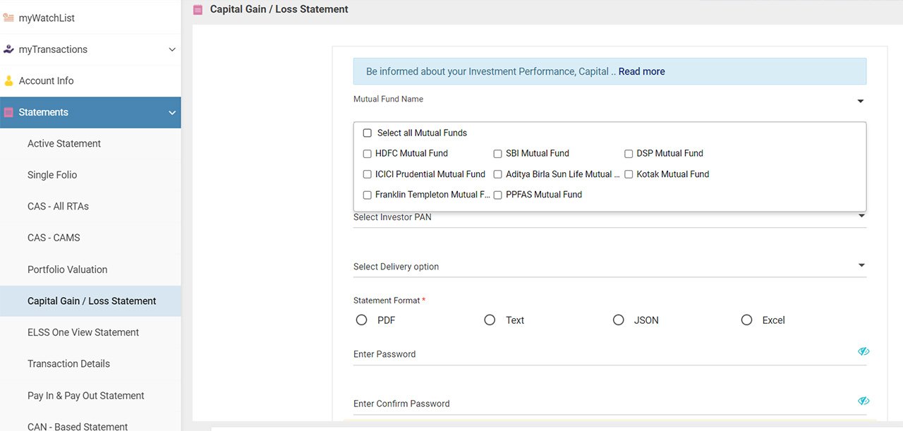 CAMS Mutual Funds Capital Gain Statement Download