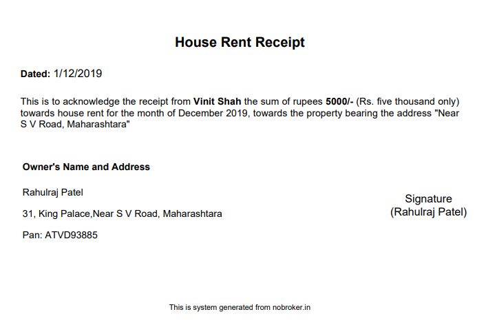 house rent receipt india