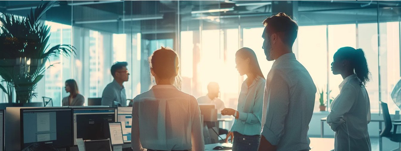 A group of office workers collaborating using intelligent search software to improve organizational efficiency.