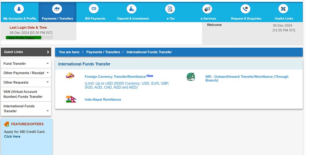 SBI Netbanking International Fund Transfer